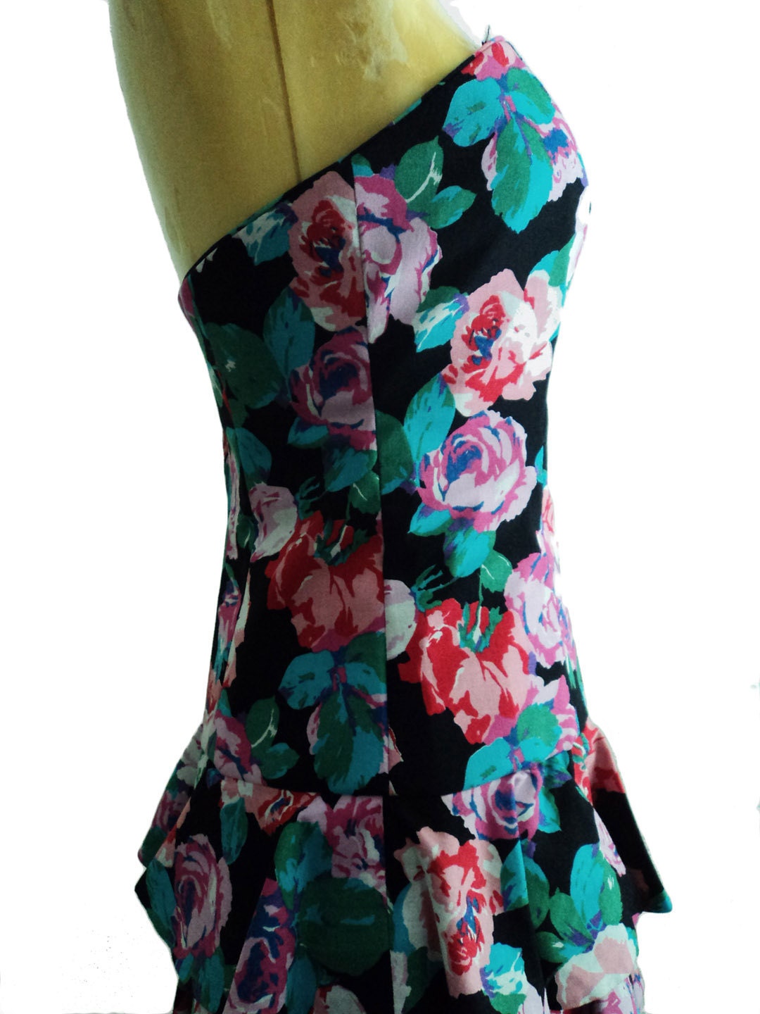 Vintage 1980s Strapless Floral Prom Dress