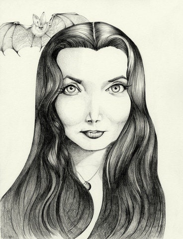 Morticia Pencil Drawing OOAK Original Drawing, Black and White 11X14, Adams Family