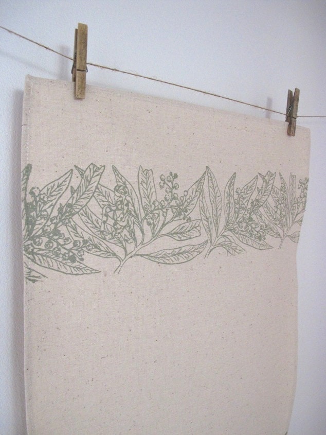 Australian wattle design  - screen printed hemp and organic cotton TEA TOWEL l / dish cloth