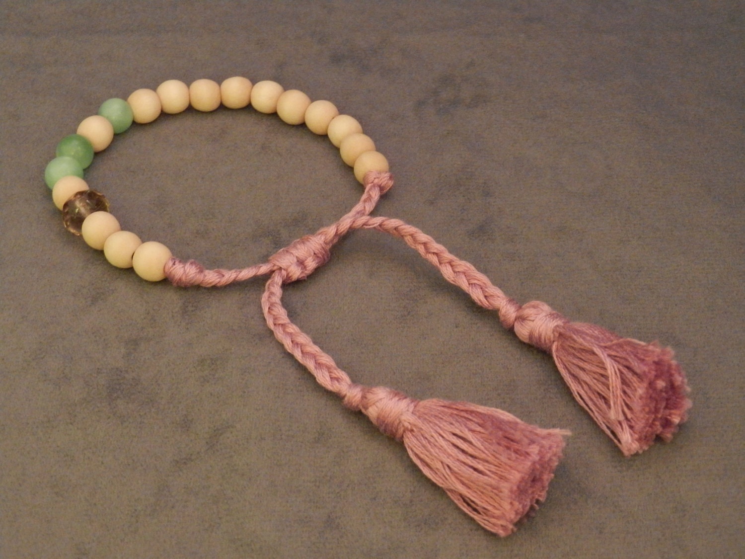 OOAK Hand Made Tasseled Wood Beaded Bracelet with Accents of Ceramic, Semi-precious, Glass