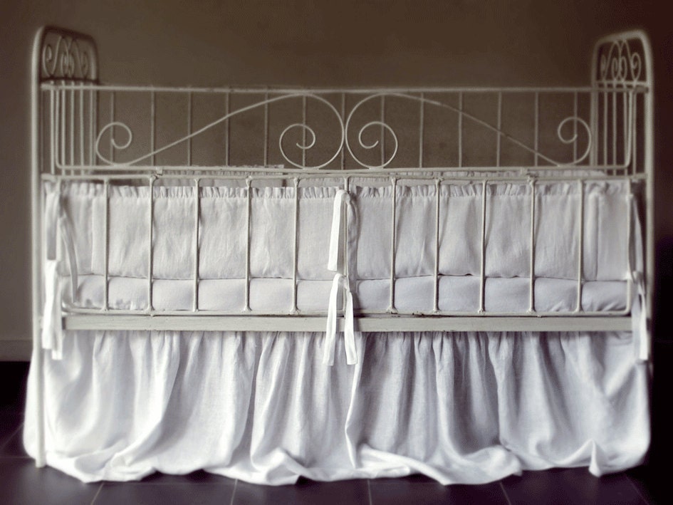 Crib skirt. Dust ruffle / gathered . White soft linen fabric. Custom color & size