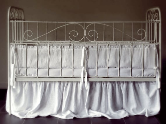 Crib skirt. Dust ruffle / gathered . White soft linen fabric. Custom color & size