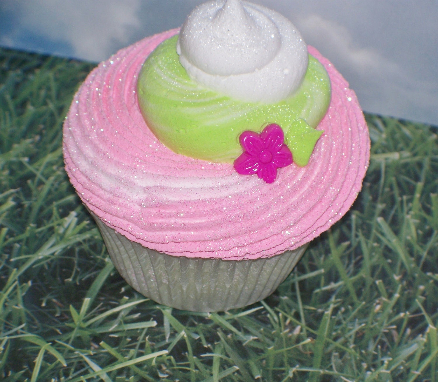 FAKE CUPCAKE with Pink, Lime Green, and White with Flower Leaf great Photo Prop, Birthday Party Decor, Kitchen Centerpiece, Room Decor