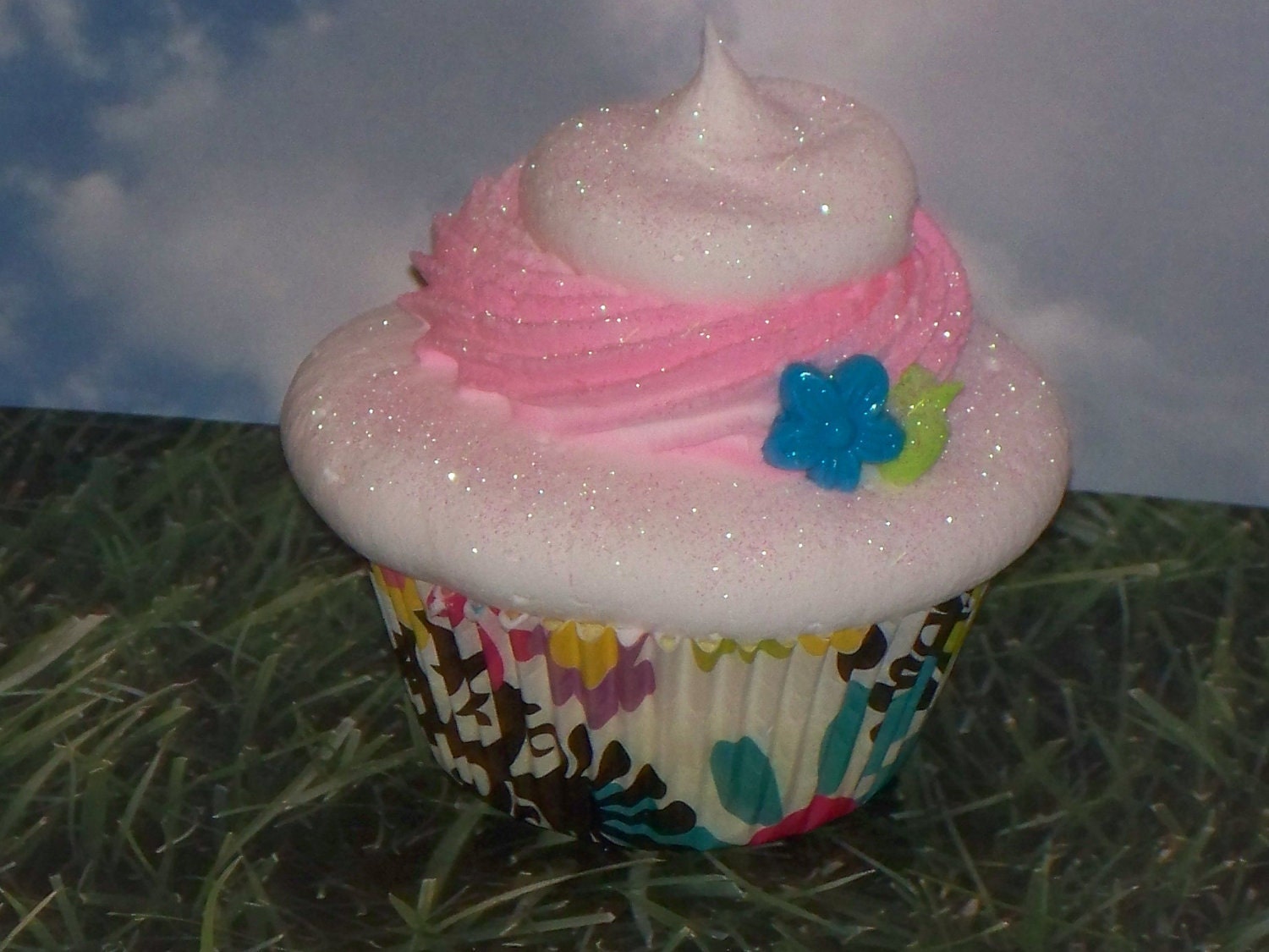 FAKE CUPCAKE Pink and White Frosting with Blue Flower, great Photo Prop, Birthday Party Decor, Kitchen Centerpiece, Room Decor