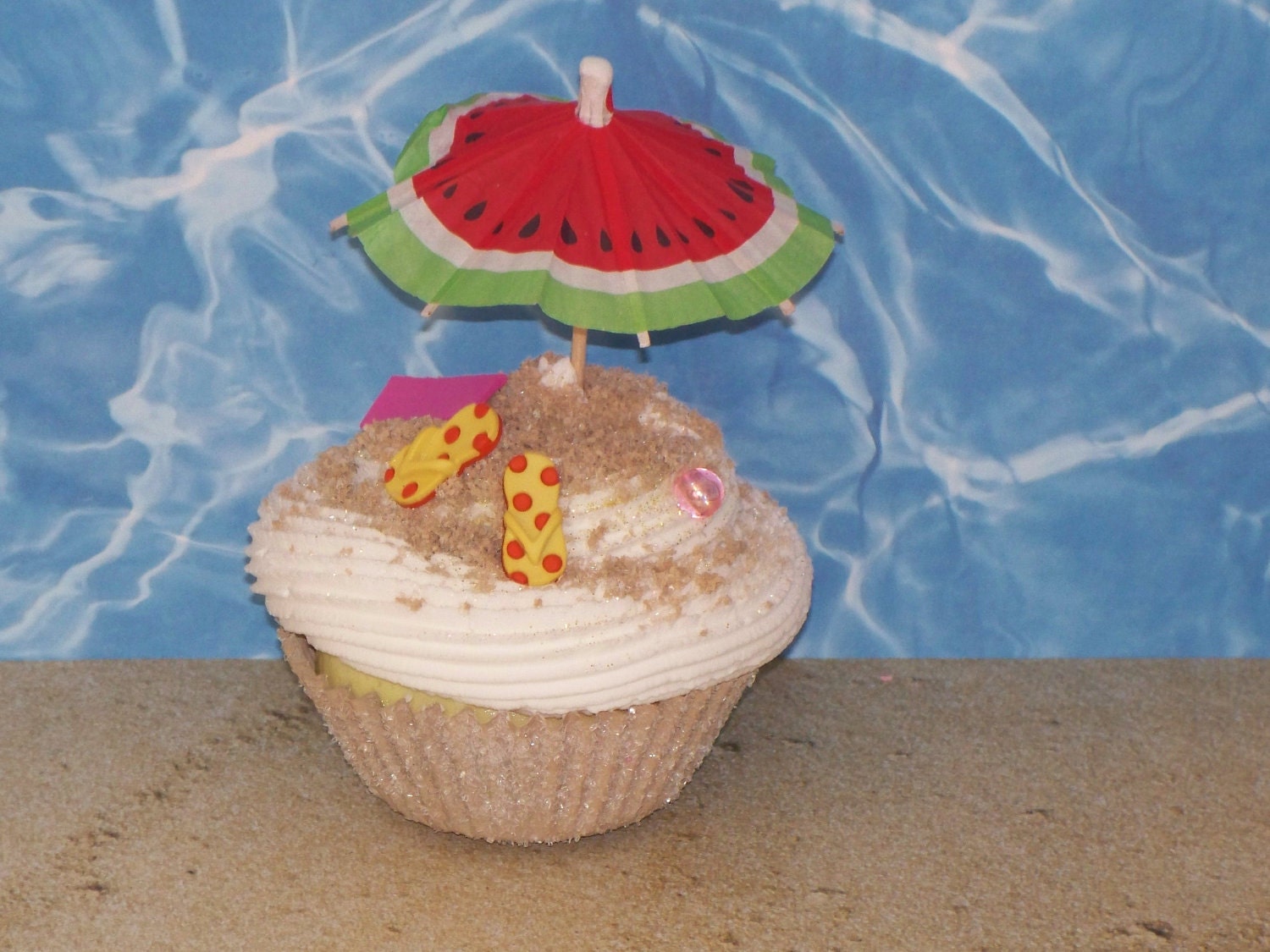 Summer Sand Beach Fake Cupcake with Watermelon Umbrella, Flip Flops, Unique Photo Props, Kitchen Cupcake Decor, Gifts, Party Display