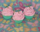 3 Mini Mint Green and Pink Fake Cupcakes with Glittery Dragonflies and Sprinkles great Photo Props, Unique Gifts, Party Decor, Home Decor