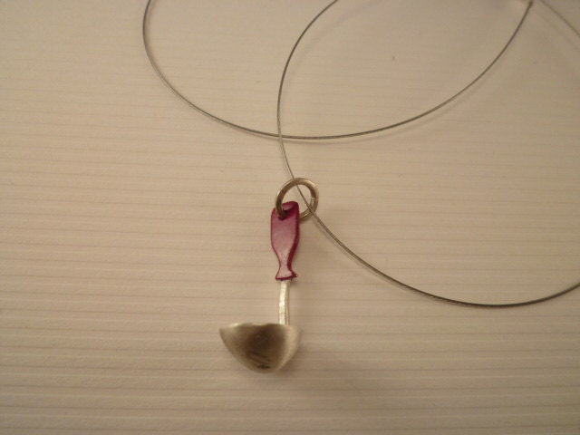 Kitchen Tiny Tablespoon Pendant Sterling Silver Red Enamel Original Funny Delicate Simple Miniature Metal String Jewelry