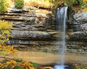 Autumn Fall Colors at Waterfall-Pictured Rocks Munising Falls in Michigan's Upper Peninsula--Fine Art Photograph-5x7 - HeatherNewkirkPhotos