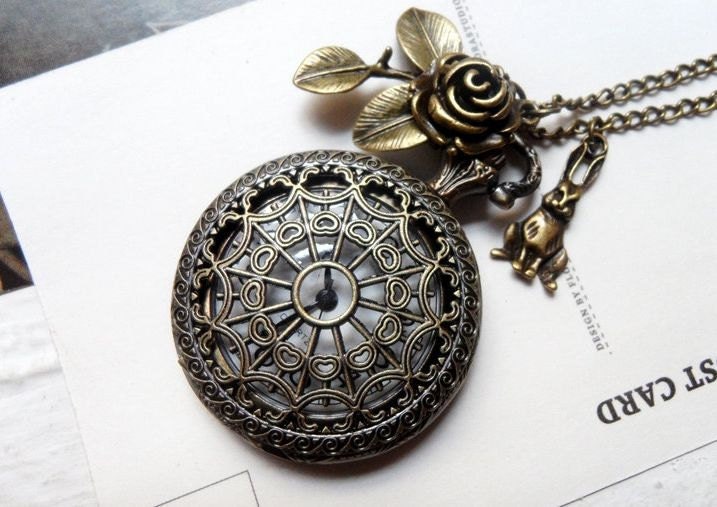 Alice in Wonderland-Victorian filigree pocket watch necklace