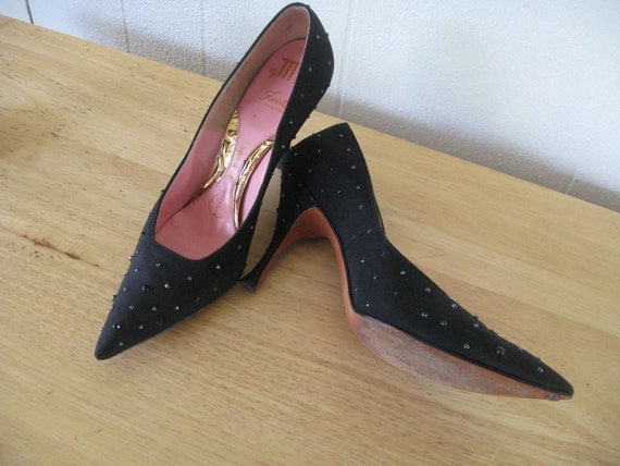 1950s Black Crystal Stilletto Pumps size 7 AAA by Miggi Fiddle Last