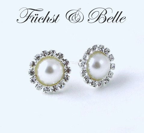 White pearl stud bridal earrings, round stud, wedding jewelry