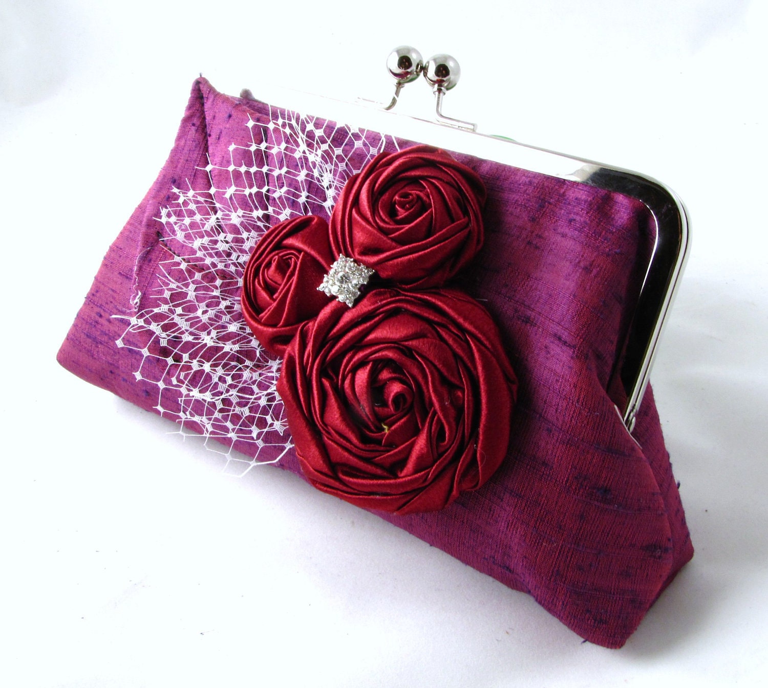 Fuchsia silk clutch purse with burgundy rosettes - red Bouquet