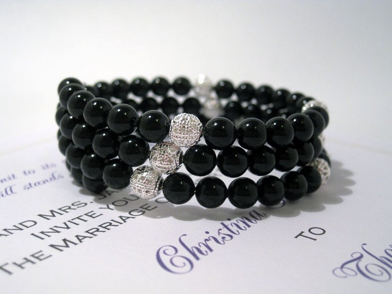 Black Swarovski Crystal Pearl and Silver Filigree Beaded Memory Wire Bracelet Bridesmaid Jewelry