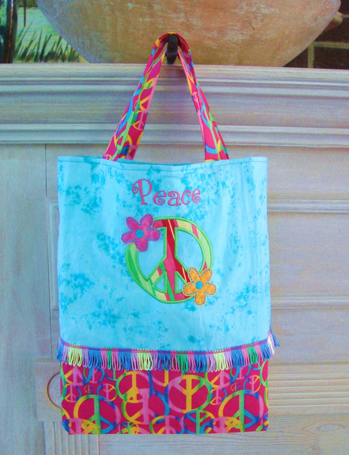 Tote bag with peace sign applique, in stock ready to ship