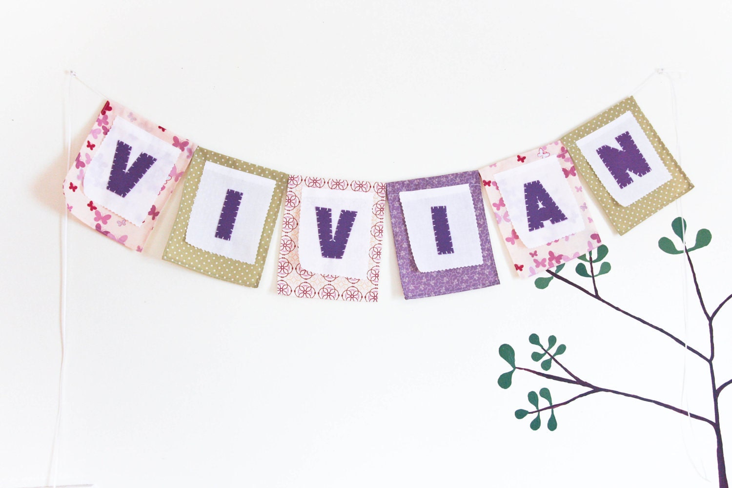 Personalized Banner, Nursery Fabric Decoration, Custom Wedding Garland, Baby Shower Party Bunting, Purple Green Il_570xn