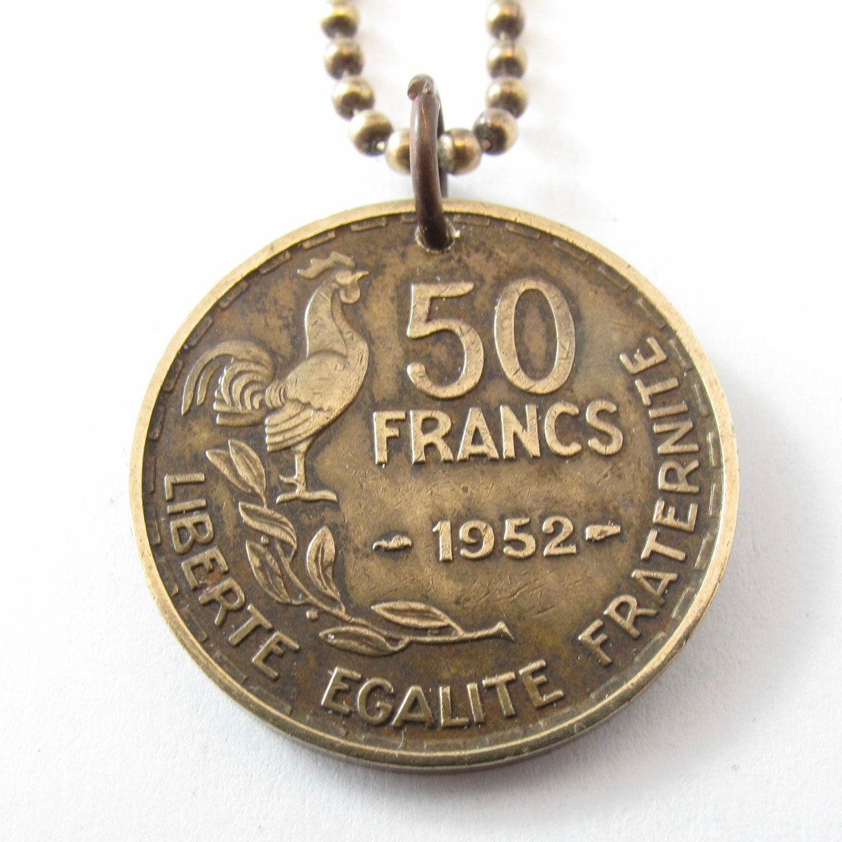FRANCE french COIN NECKLACE 50 Franc Liberate Egalite Fraternite rooster pendant. brass chain .choose year . 951 1952 1953 No.00903 - PartsForYou
