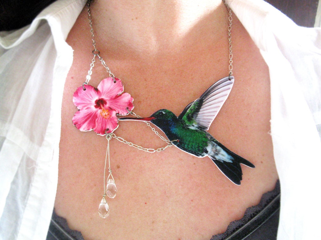 Bird Statement Necklace Crystal Stone Hummingbird and Pink Flower The Larger Version Free Shipping