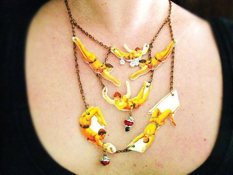 Statement Necklace Circus Vintage Inspired with Yellow Flying Acrobats