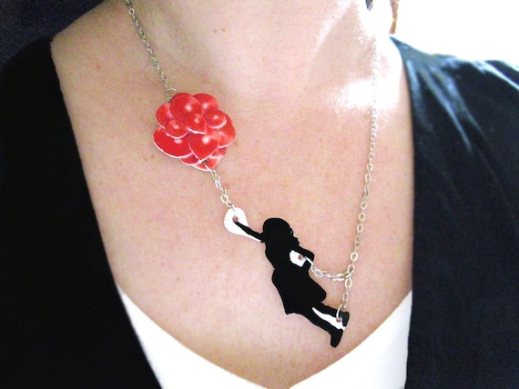 Silhouette Necklace Girl with Red Balloons Whimsical Sky Black