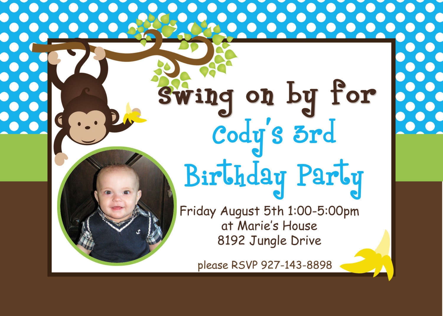 DIY Monkey Photo  Birthday Party  PRINTABLE Invitation 5x7 4x6 blue green brown BOY