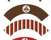 INSTANT DONWLOAD diy Sock Monkey Birthday Party PRINTABLE Cupcake Wrappers  brown cream red monkey  - Cupcake Express