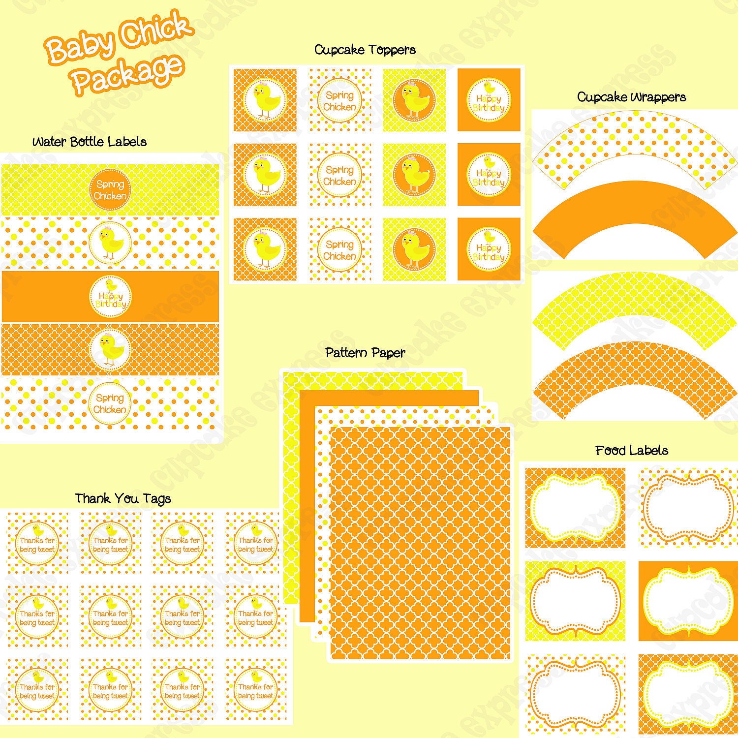 Sale 70% off DIY Baby Chick Collection PRINTABLE  Party Package  yellow orange  cupcake toppers  water bottle  food labels wrappers Easter