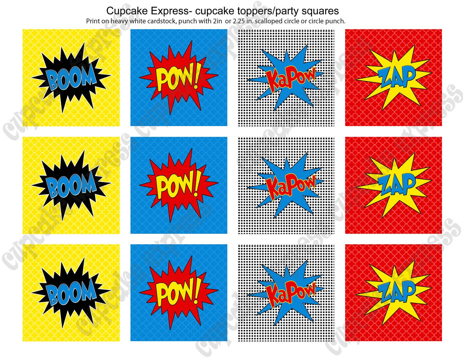 INSTANT DOWNLOAD diy Super Hero Birthday Printable Party Cupcake Toppers Tags blue red yellow pow boom zap Il_170x135