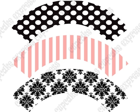 INSTANT DOWNLOAD diy Paris Birthday Party Collection PRINTABLE Cupcake Wrappers pink black damask stripes polka dots