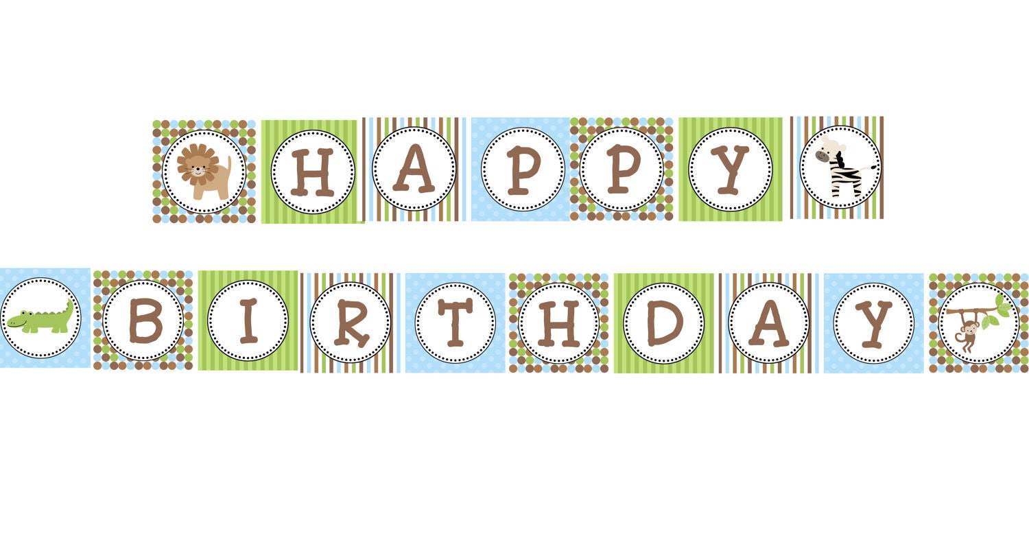DIY Safari Birthday Collection Printable Birthday Party BANNER blue green brown Happy Birthday - Cupcake Express Il_570xn