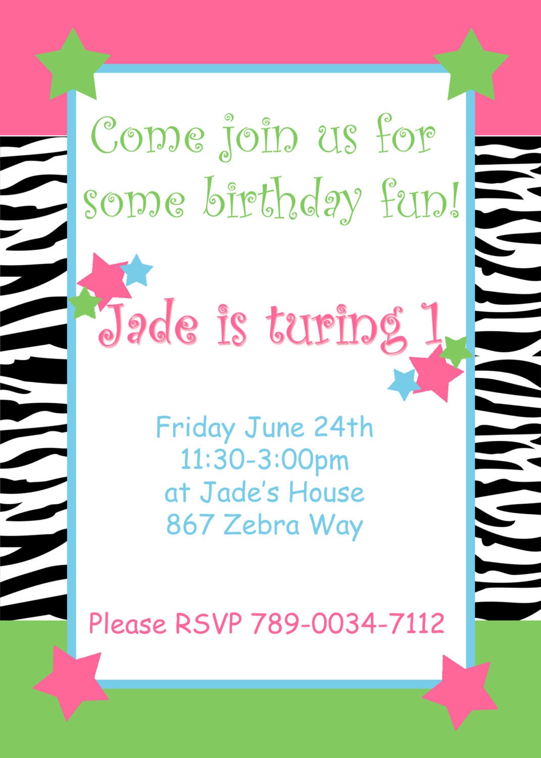 DIY Zebra Fun Birthday Party PRINTABLE Invitation 5x7 pink green blue 2 Il_570xn