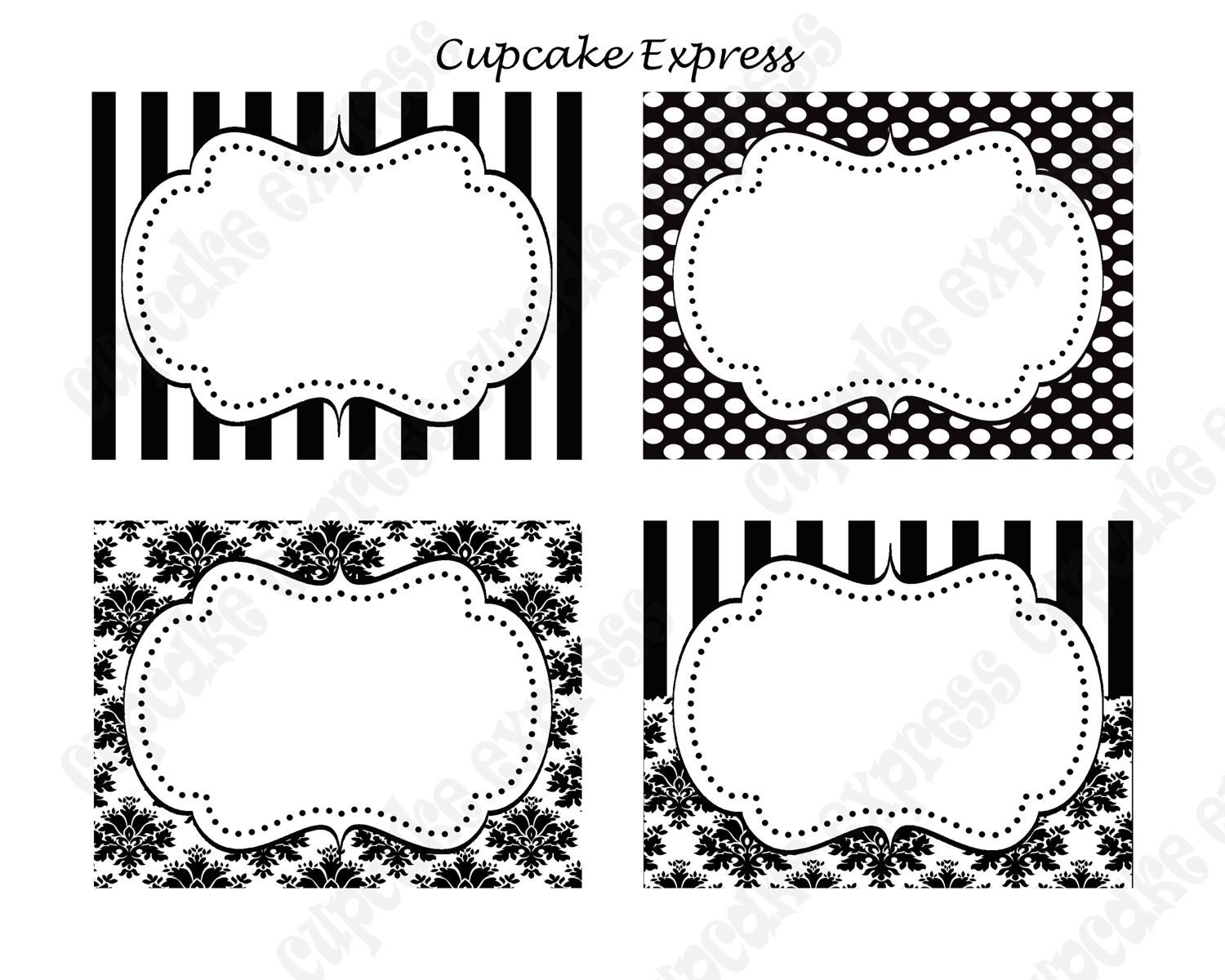 INSTANT DOWNLOAD diy Paris Black & White Damask stripe polka dots PRINTABLE Party Labels Tags Display card -Cupcake Express Il_570xn