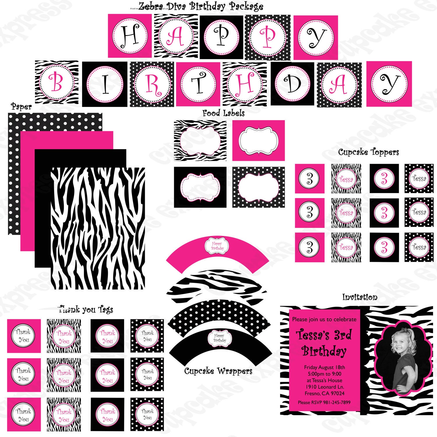 Diva Zebra Birthday Collection PRINTABLE Party Package Banner Cupcake toppers Invitation more... Il_570xn