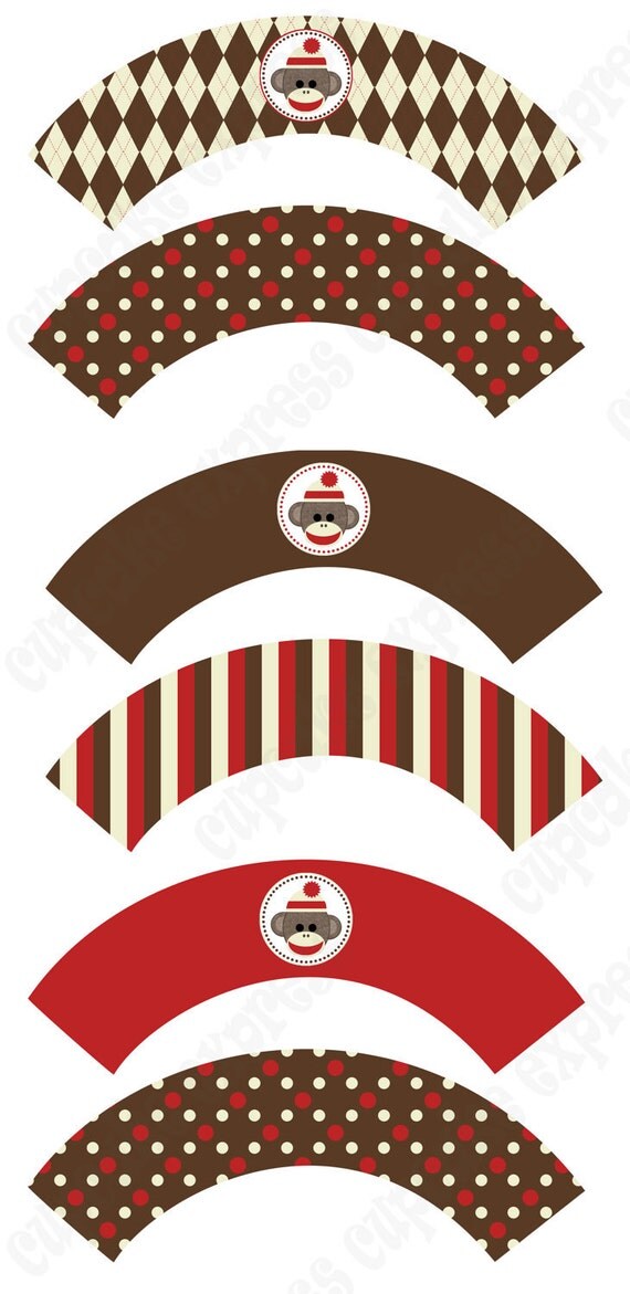 INSTANT DONWLOAD diy Sock Monkey Birthday Party PRINTABLE Cupcake Wrappers brown cream red monkey - Cupcake Express Il_570xn