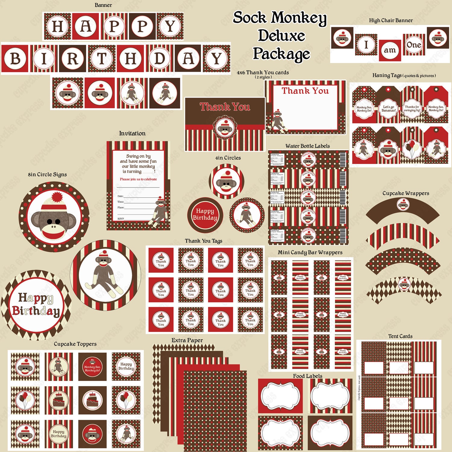 INSTANT DOWNLOAD diy Sock Monkey Deluxe Birthday Party PRINTABLE Part Package Red brown sign invitation cupcake toppers Il_570xn