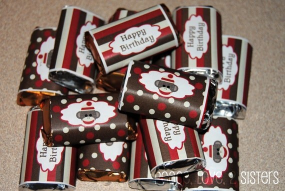 INSTANT DOWNLOAD diy Sock Monkey Birthday Party PRINTABLE Mini Candy Bar Wrappers red brown favors treats Il_570xn