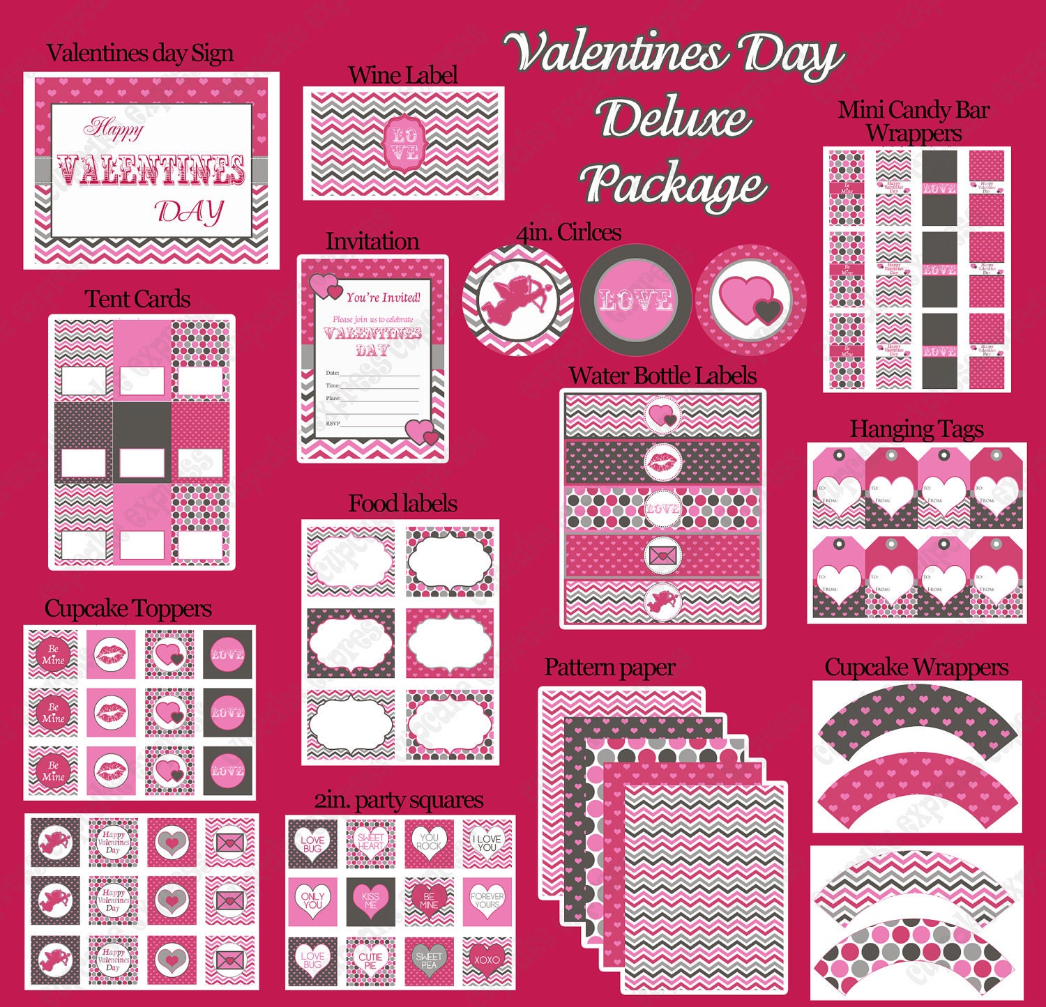 Sale 70% off DIY Mod Valentines Day Party PRINTABLE Deluxe Package Pink red grey hearts chevron- Cupcake Express Il_570xn