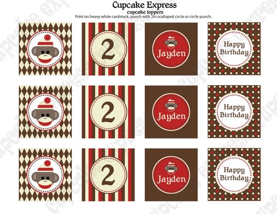 DIY Sock Monkey Birthday Collection Printable party circles 2in Cupcake Toppers or we can PRINT them... Il_570xn