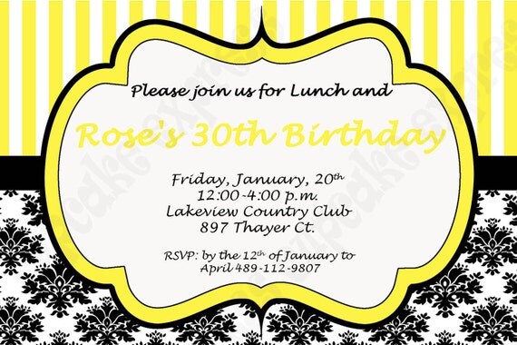 DIY Black and yellow damask 30th Birthday PRINTABLE Invitation 5x7 wedding bridal shower 40th 50th 60th Il_570xn