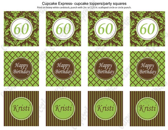 DIY Green & Brown Birthday Shower Anniversary Printable Party Circles 2in cupcake toppers damask stripes quatrefoil Il_570xn