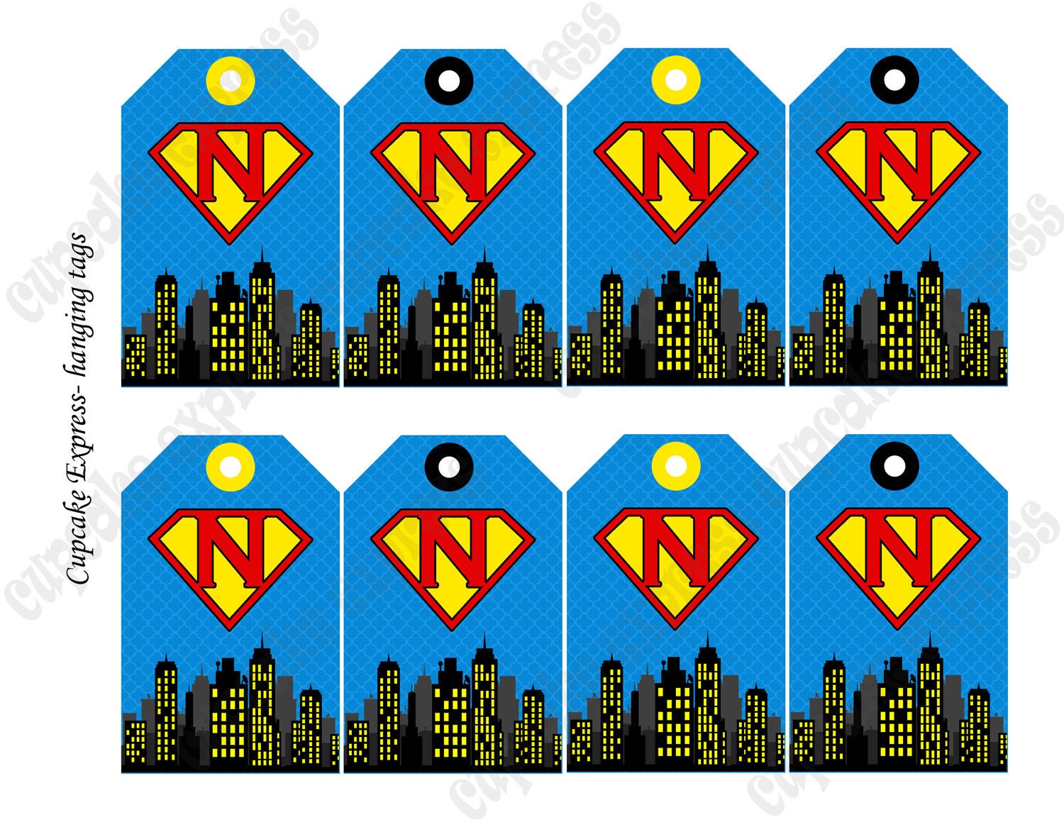 DIY Super Hero Birthday Printable Party hanging Initial tags blue red yellow city towers- Cupcake Express Il_570xn