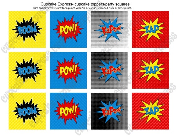 INSTANT DOWNLOAD diy Super Hero Birthday Printable Party Cupcake Toppers Tags blue red yellow pow boom zap