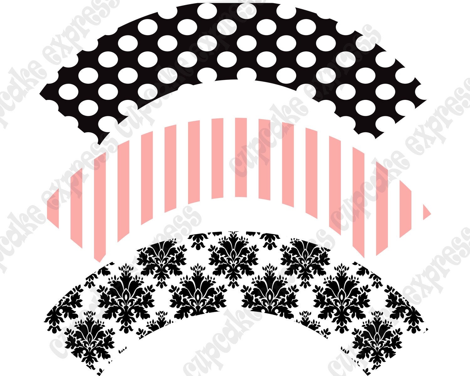INSTANT DOWNLOAD diy Paris Birthday Party Collection PRINTABLE Cupcake Wrappers pink black damask stripes polka dots