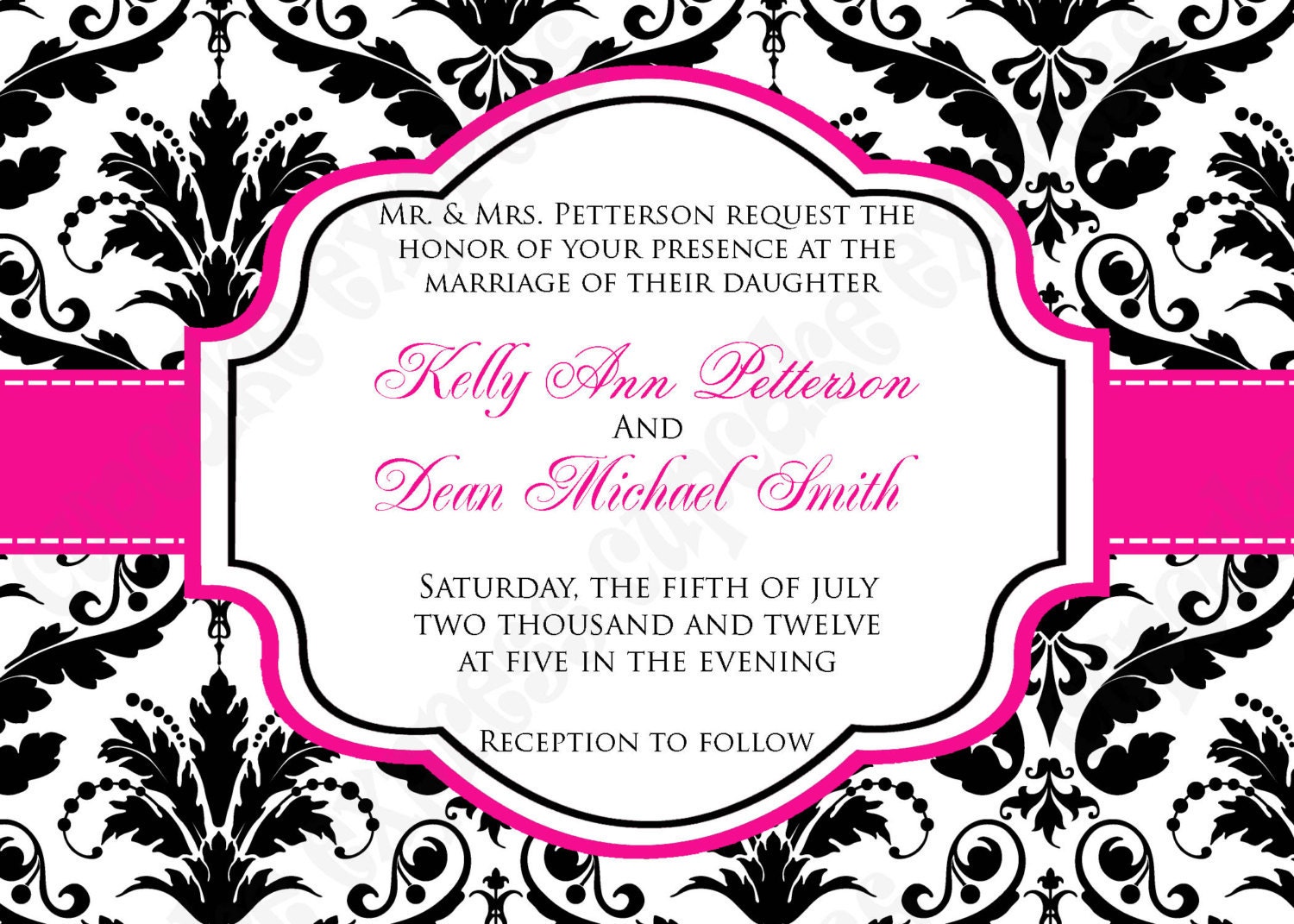 SALE  SALE  50  damask hot pink black white  Wedding  Invitation 5x7 Pink black 100 with envelopes  baby  bridal shower You Choose COLOR