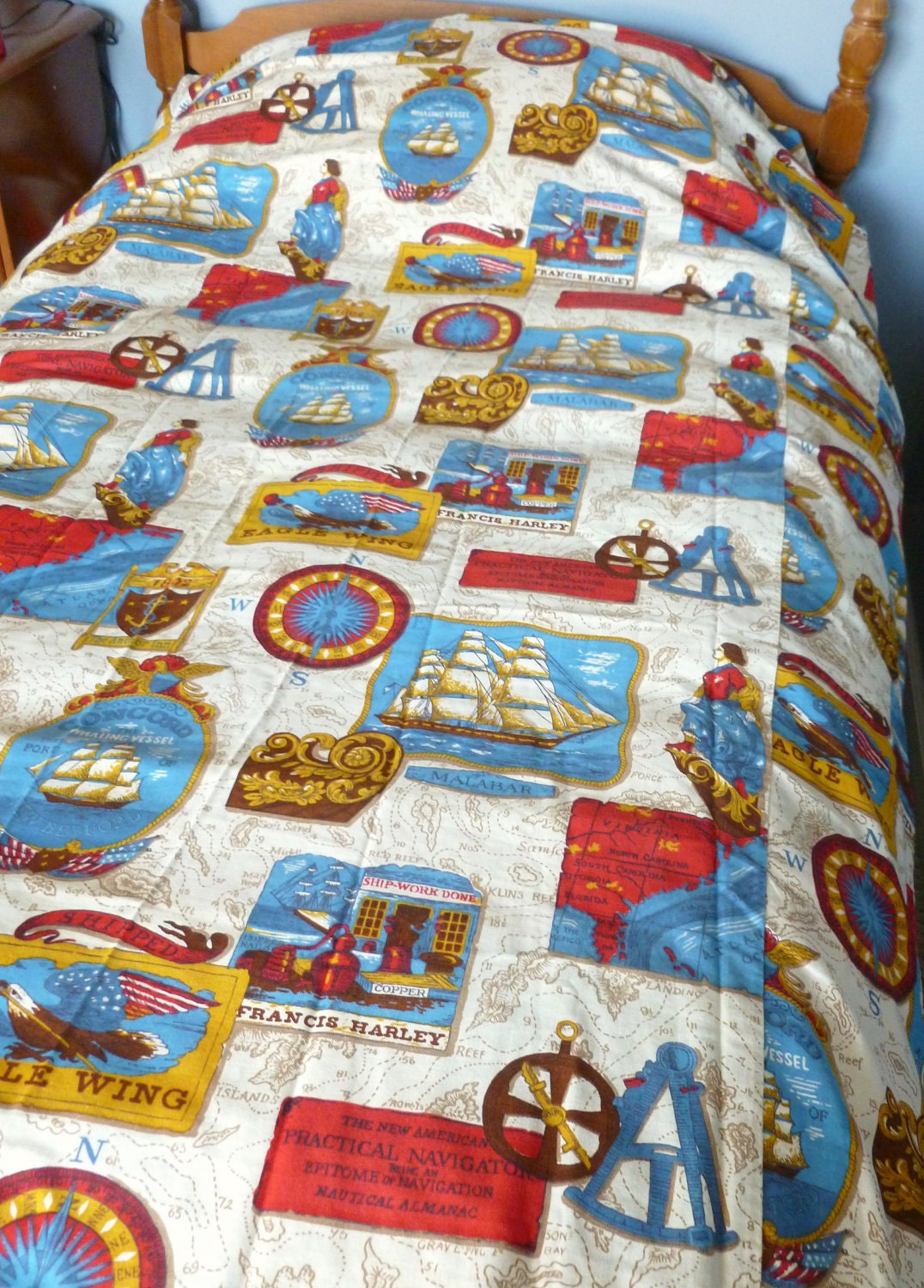 Nautical Bedspread Sailing Ships and Maps Twin Size in Red, White, Blue and Gold by Sears Boys Bedroom Decor