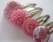 Hair Accessories -  Hair Snap Clips : Funky Hair Clips - Pink Mix of Snap Clips - Flowers and Buttons Set of Four