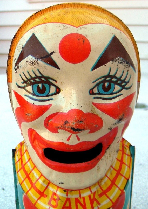 J Chein & Co. Antique Vintage 1950s Clown Tin Bank - FREE SHIPPING USA