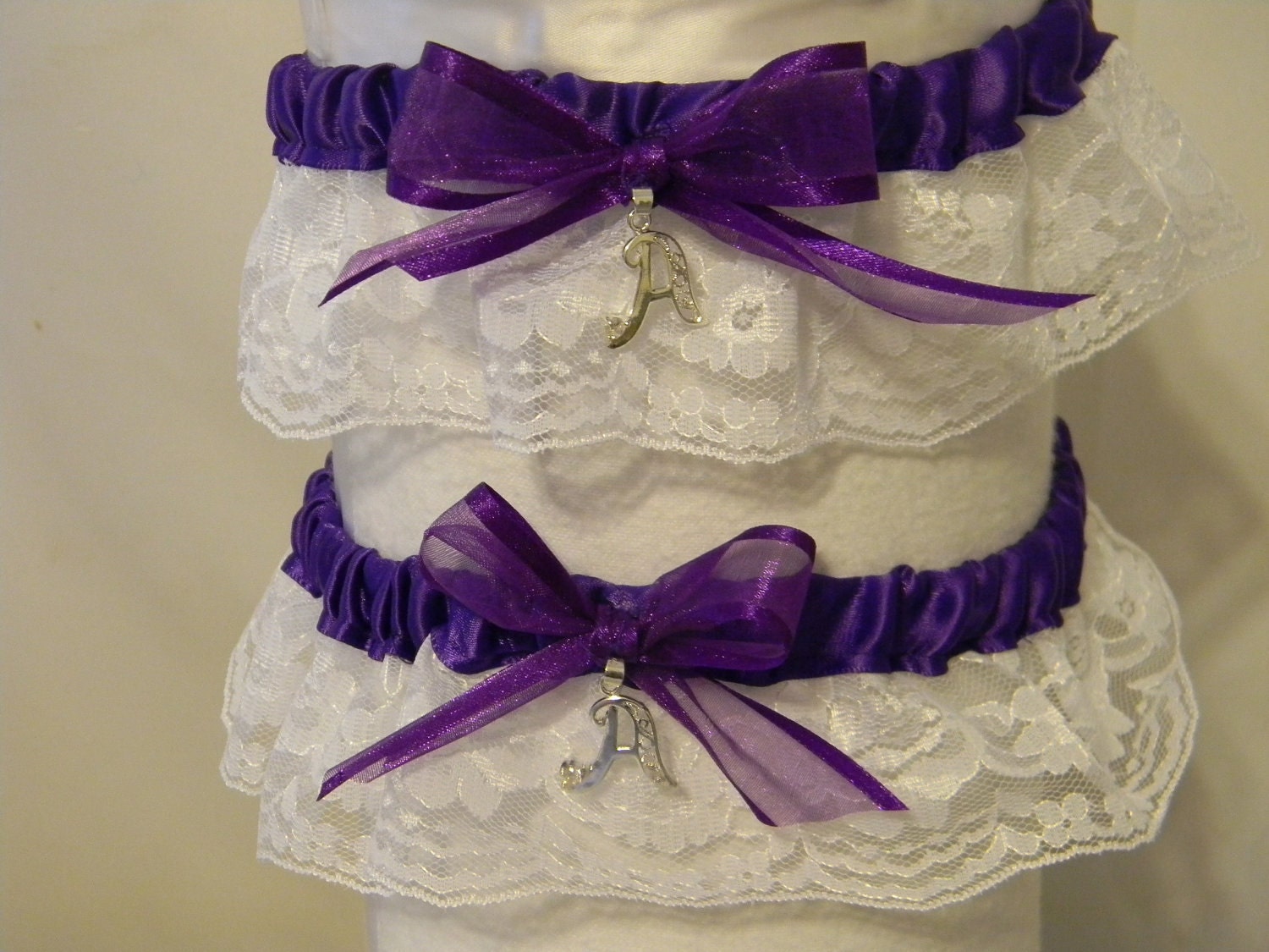 Garter set of two wedding Custom made your colors and or theme  Any size shown Purple white lace Letter charm