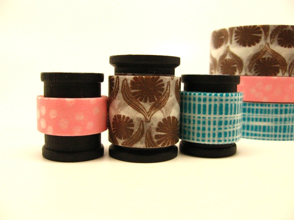 Japanese Washi Tape, Masking Tape Trio -  Brown Floral, Light Pink Polka Dots, and Teal Grid (5 feet each, 15 feet total)