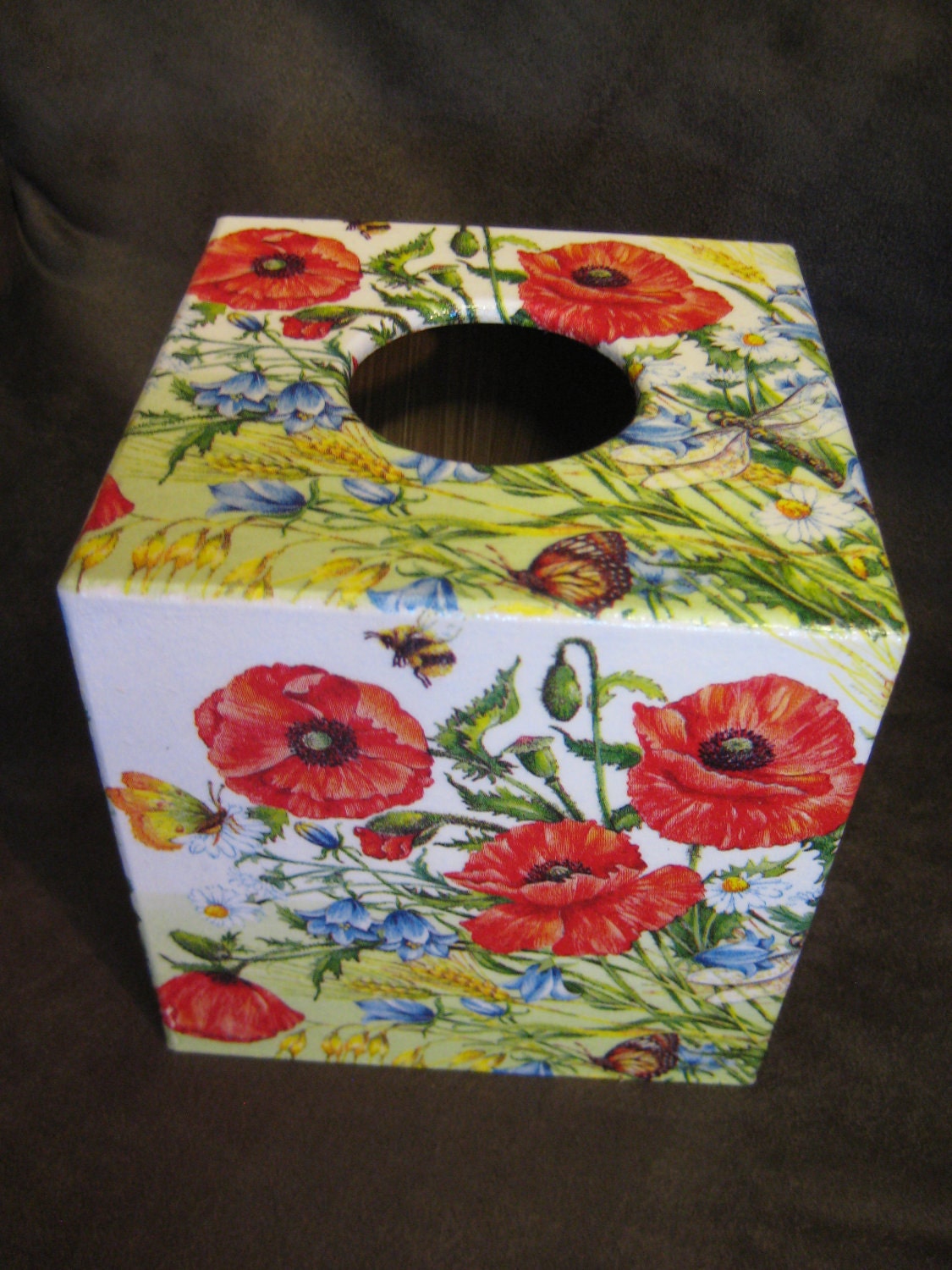 Field Poppy Design Tissue Box Cover Wooden Handmade
