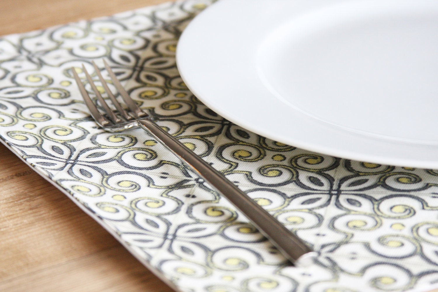 Fabric Placemats - Grey with Yellow Design - Set of 4 FREE SHIPPING - toocutecustomcrafts